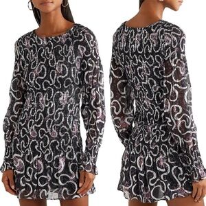 LoveShackFancy Scarlett Chiffon Mini‎ Dress Small Navy Cosmos silk metallic blue